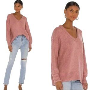 Free People Womens Brookside Sweater Oversized Tunic V-Neck Alpine Rose  Size S